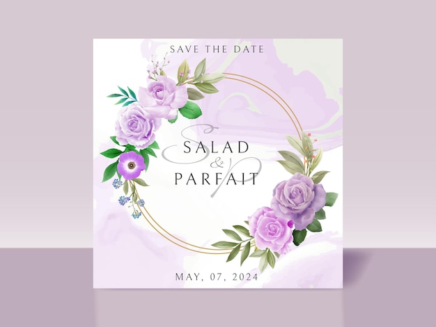 Wedding invitation card template with purple flowers