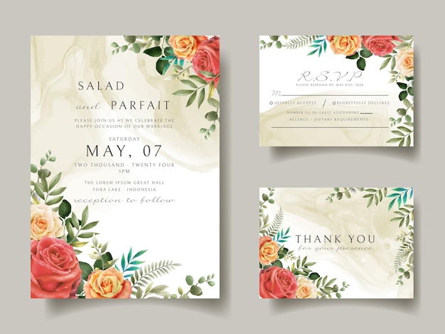 赤いバラのデザインの結婚式の招待カードのテンプレート