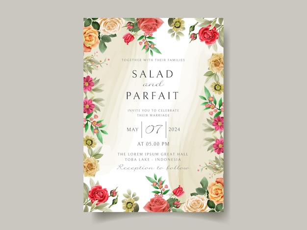 赤いバラのデザインの結婚式の招待カードのテンプレート