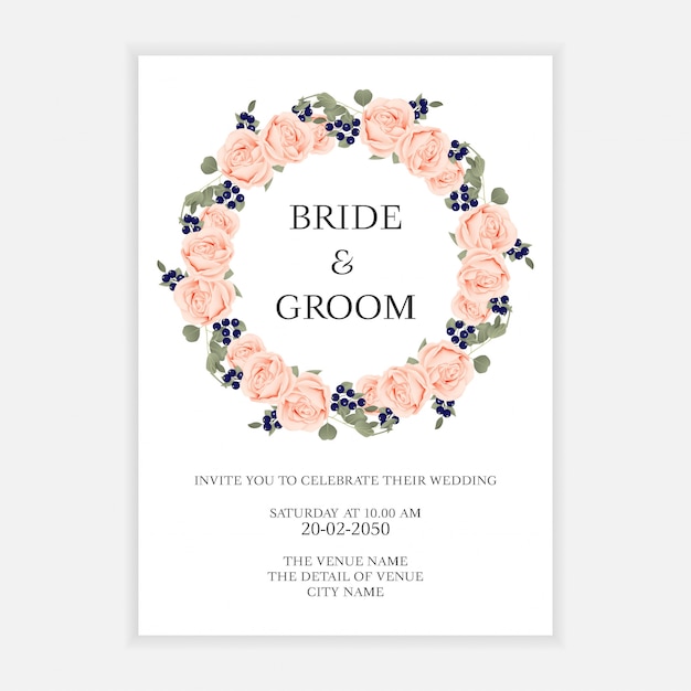 Vector wedding invitation card template with rose flower wreath