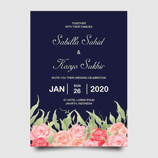 wedding invitation card template with rose flowers and blue background