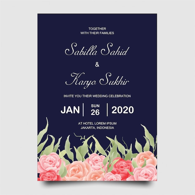 Wedding invitation card template with rose flowers and blue background