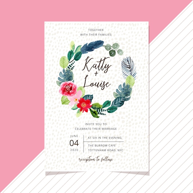 Wedding invitation card template with sweet tropical watercolor floral wreath