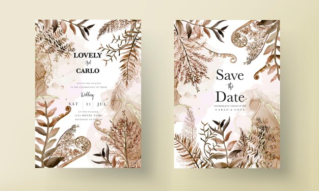 Wedding invitation card template with watercolor brown leaves