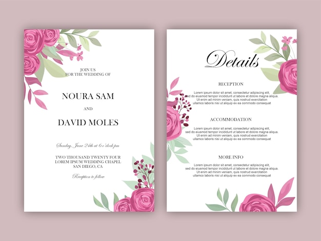 Vettore modello di carta di invito a nozze con decorazione floreale ad acquerello, carta principale, carta di dettaglio