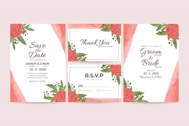 Wedding invitation card template with watercolor floral frame decorations