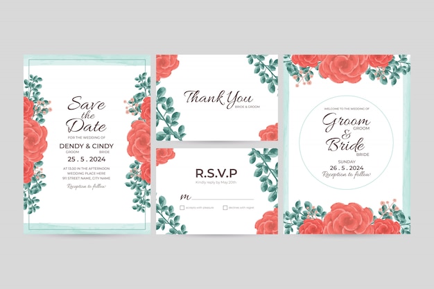 wedding invitation card template with watercolor floral frame decorations