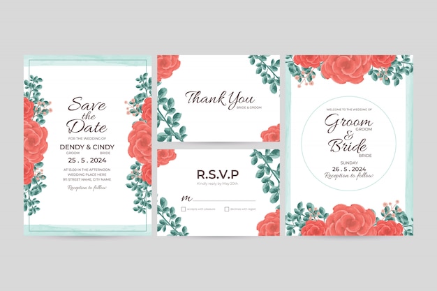 Wedding invitation card template with watercolor floral frame decorations