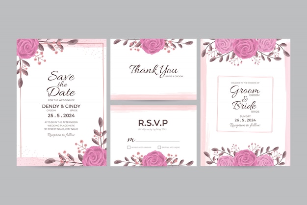 水彩花のフレームの装飾が施された結婚式の招待カードテンプレート