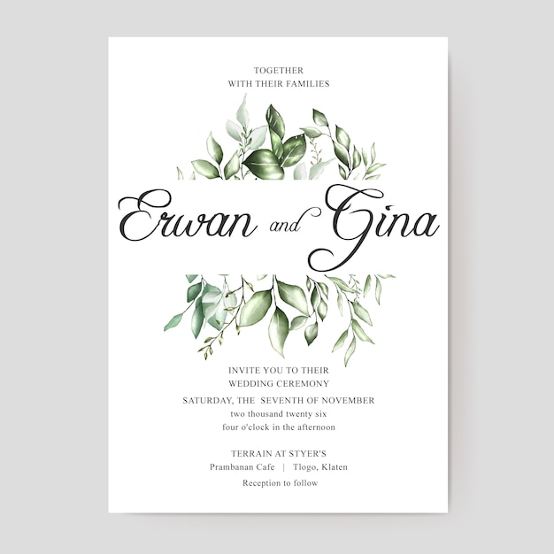 Vector wedding invitation card template with watercolor floral and leaves