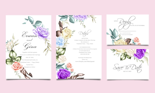 wedding invitation card template with watercolor floral and leaves