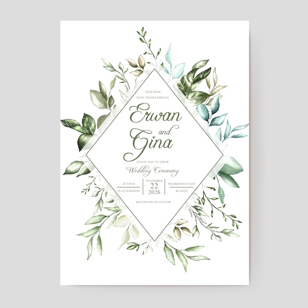 Vector wedding invitation card template with watercolor floral and leaves