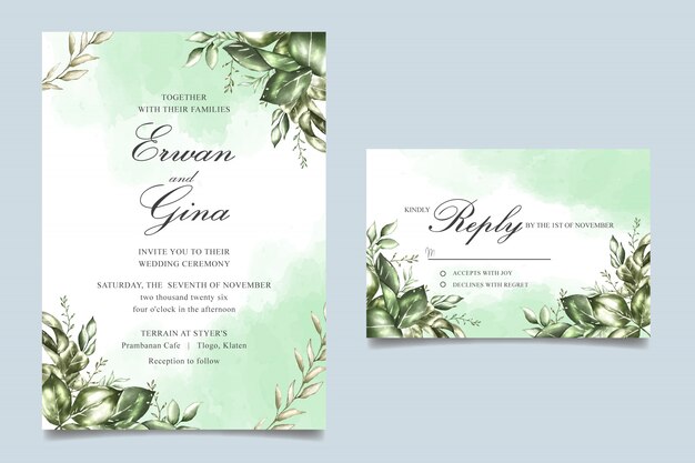 wedding invitation card template with watercolor floral and leaves