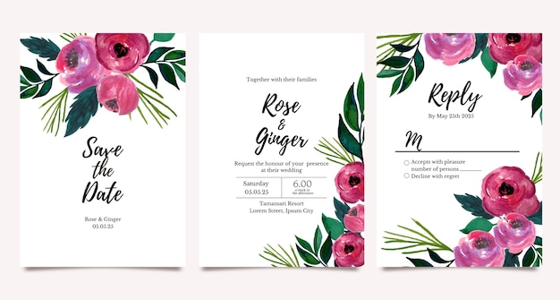 Wedding invitation card template with watercolor floral  