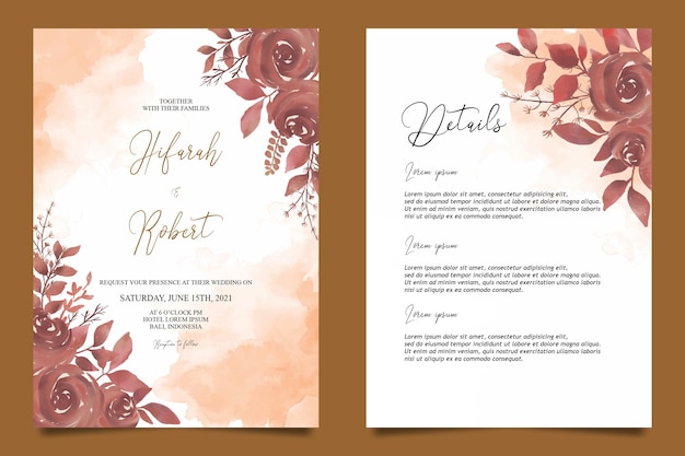 Vettore modello di carta di invito a nozze con decorazione floreale ad acquerello e carta di dettaglio