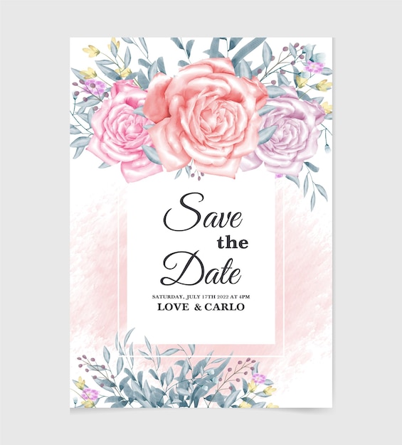 Wedding invitation card template with watercolor flower