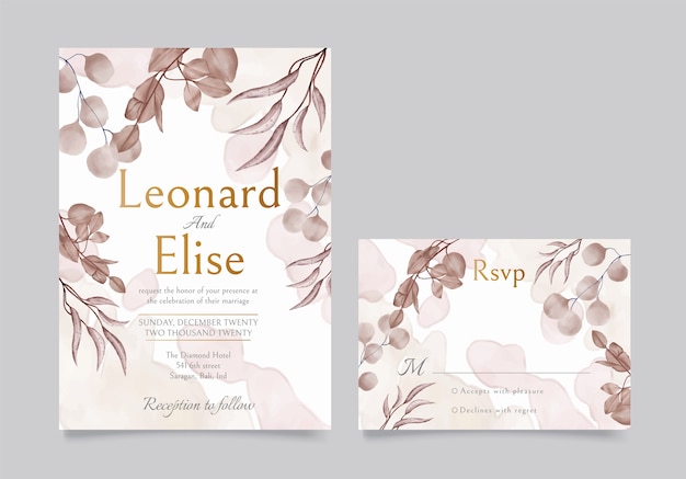 水彩の葉と枝の装飾品と結婚式の招待カードのテンプレート