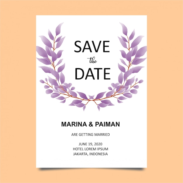 Wedding invitation card template with watercolor style leaves