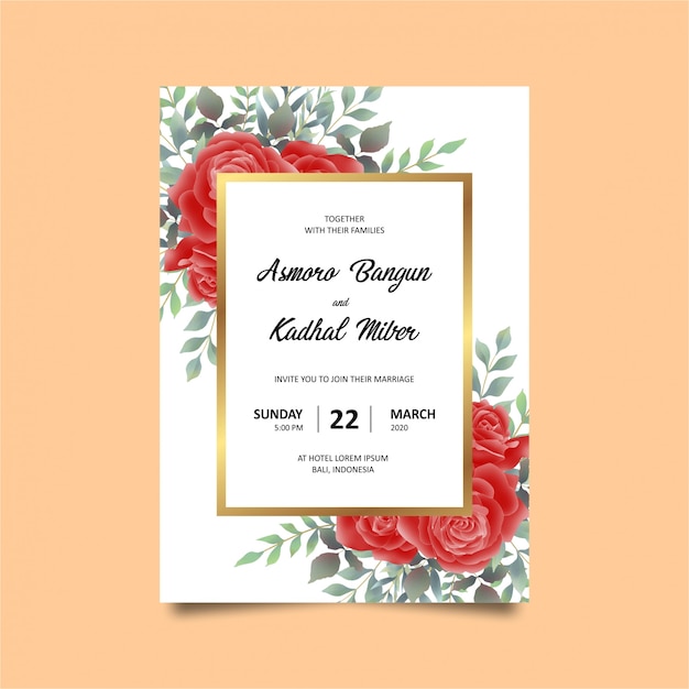 Vector wedding invitation card template with watercolor style red rose and gold frame