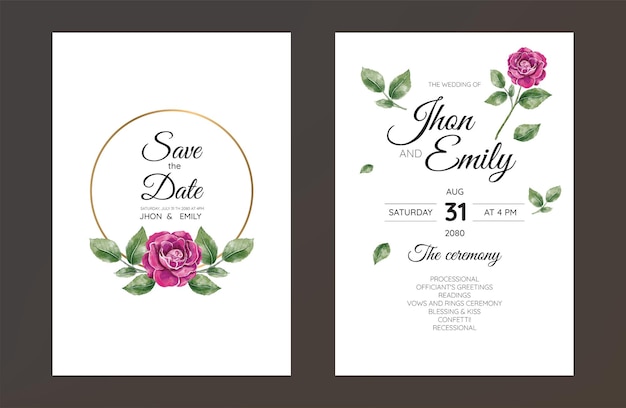 Wedding Invitation card templates with beautiful watercolor red rose flower