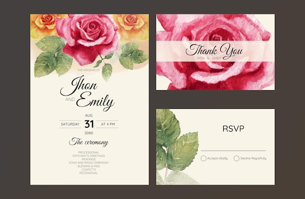 Wedding Invitation card templates with beautiful watercolor red rose flower