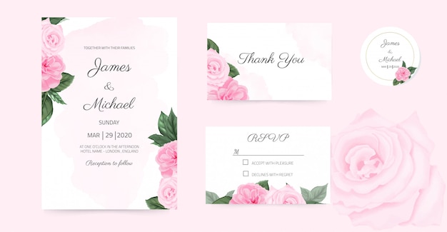 Wedding invitation card tepink rose floral watercolor background template