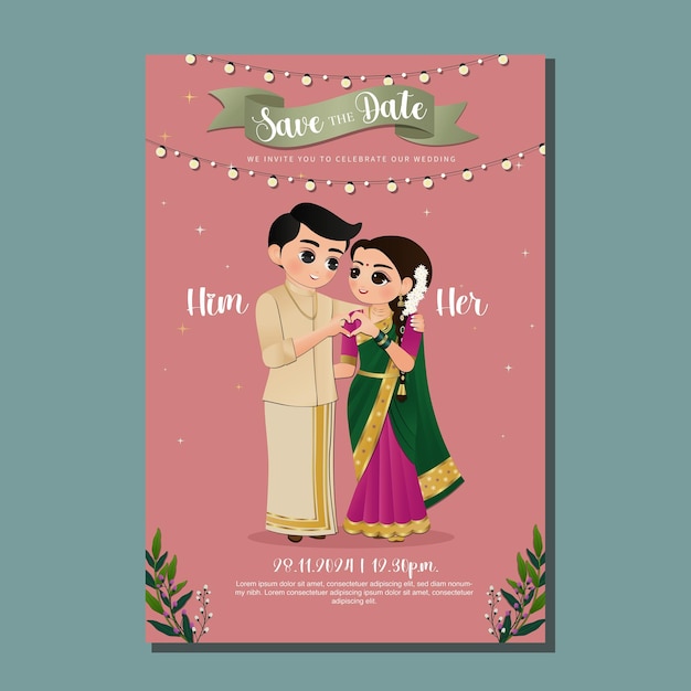 벡터 결혼 초대 카드 전통적인 인도 드레스 만화에서 신부와 신랑 귀여운 커플