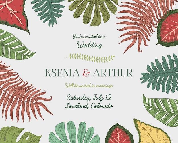 Свадебный пригласительный билет винтажный выгравированный шаблон для брака тропические листья фон жених и невеста рисованной растения