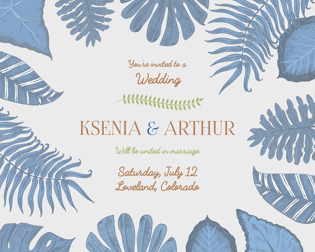 Wedding invitation card vintage engraved template for marriage tropical leaves background groom and bride hand drawn plants