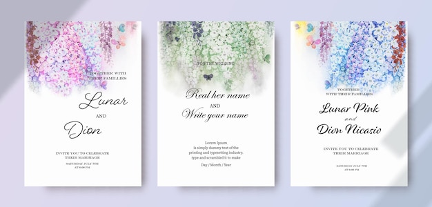 Wedding invitation card vintage set bunch of orchids watercolor painting on white