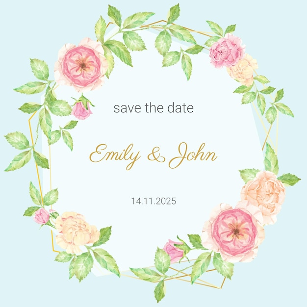 Wedding invitation card. watercolor beautiful english rose flower bouquet wreath with gold frame