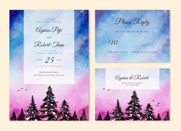 Wedding invitation card of watercolor misty forest snow winter