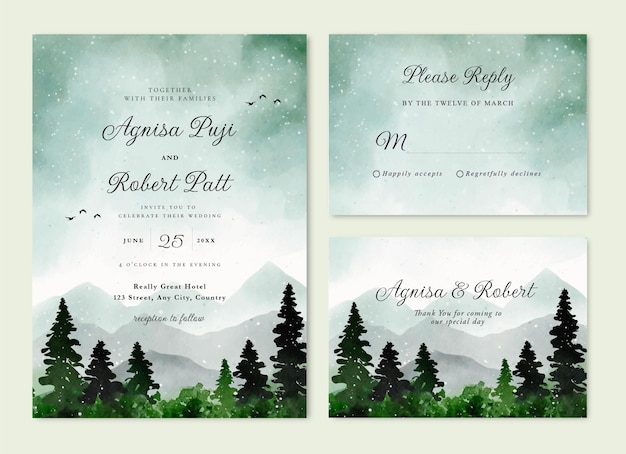 Vector wedding invitation card of watercolor misty forest snow winter