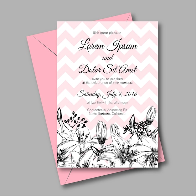 背景のピンクと花のユリの結婚式招待状