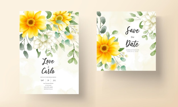 Wedding invitation card with beautiful blooming daisy flower template