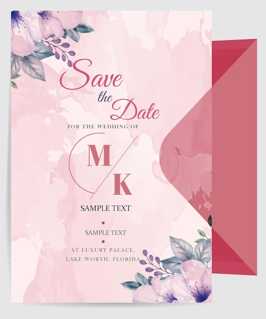 wedding Invitation Card with beautiful blooming floral watercolor background. hand drawing pink rose