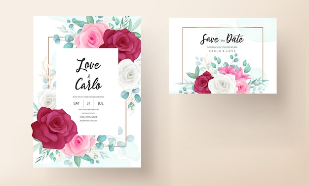 Wedding invitation card with beautiful blooming lily and rose flower