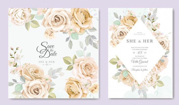 wedding invitation card with beautiful floral and leaves template