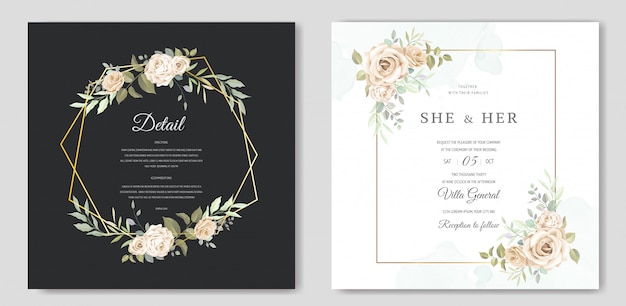 wedding invitation card with beautiful floral and leaves