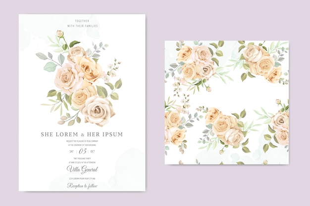 Vector wedding invitation card with beautiful floral and leaves