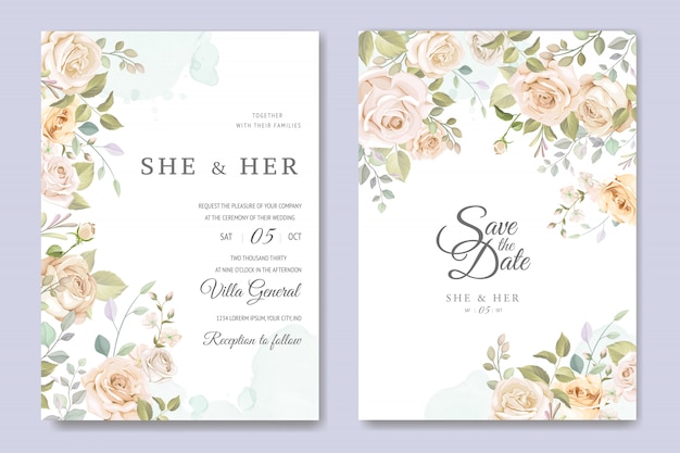 Vector wedding invitation card with beautiful floral and leaves