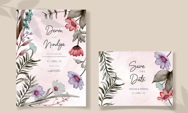 벡터 아름다운 꽃 잎과 잔디 장식이 있는 결혼식 초대 카드