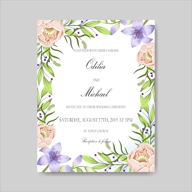 Wedding invitation card with beautiful flowers and leaves