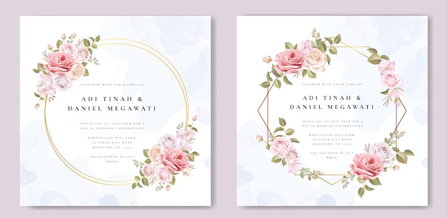 wedding invitation card with beautiful flowers and leaves