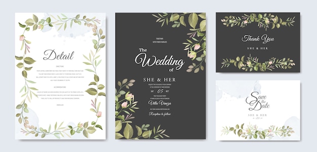 wedding invitation card with beautiful flowers and leaves