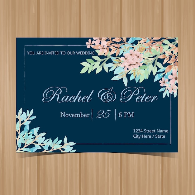 Свадебная пригласительная открытка с красивыми цветами и листьями