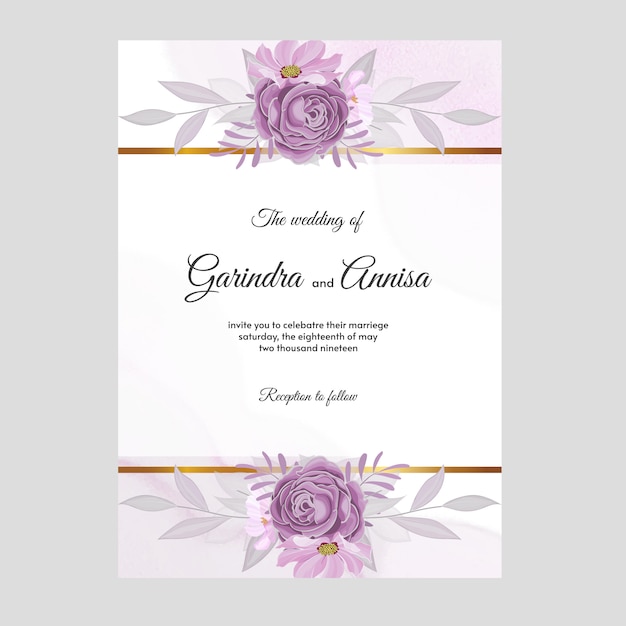 Wedding invitation card with beautiful flowers and leaves