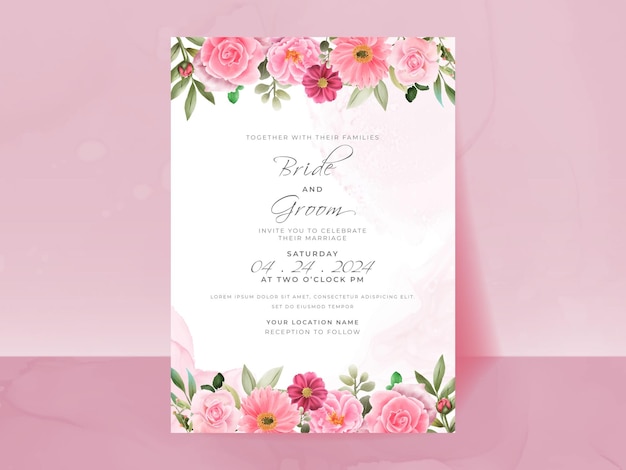 Wedding invitation card with beautiful flowers and leaves