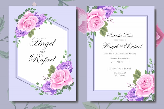 Wedding invitation card with beautiful flowers and leaves