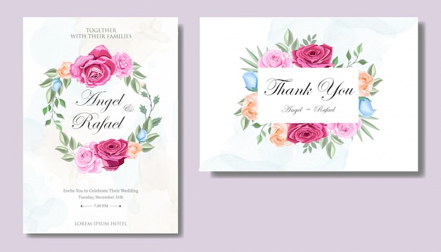 美しい花と葉を持つ結婚式の招待カード